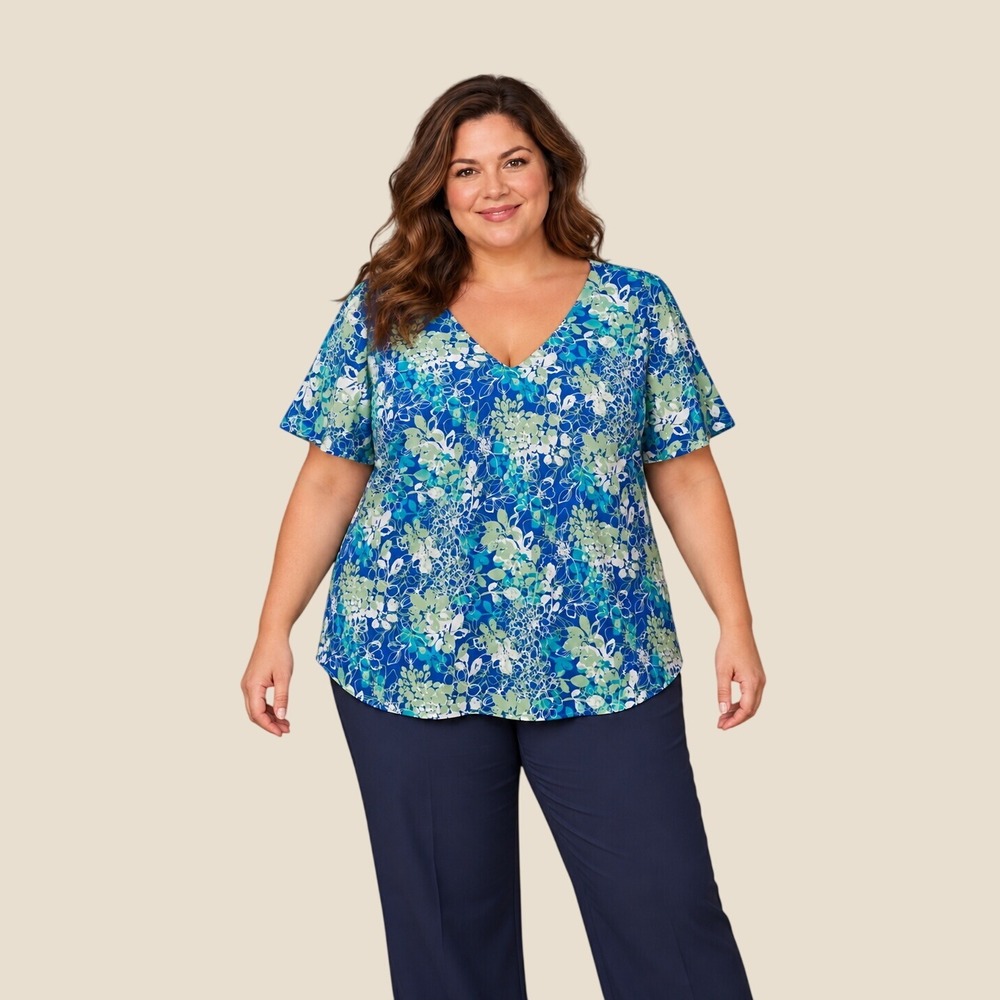 KSL Karin Stevens Blue Floral 2 Piece Set V-Neck Blouse & Tank Size 18W